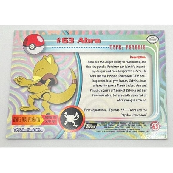 Abra Pokemon Card Topps #63 TV Animation Edition Series Black Logo - Picture 2 of 5